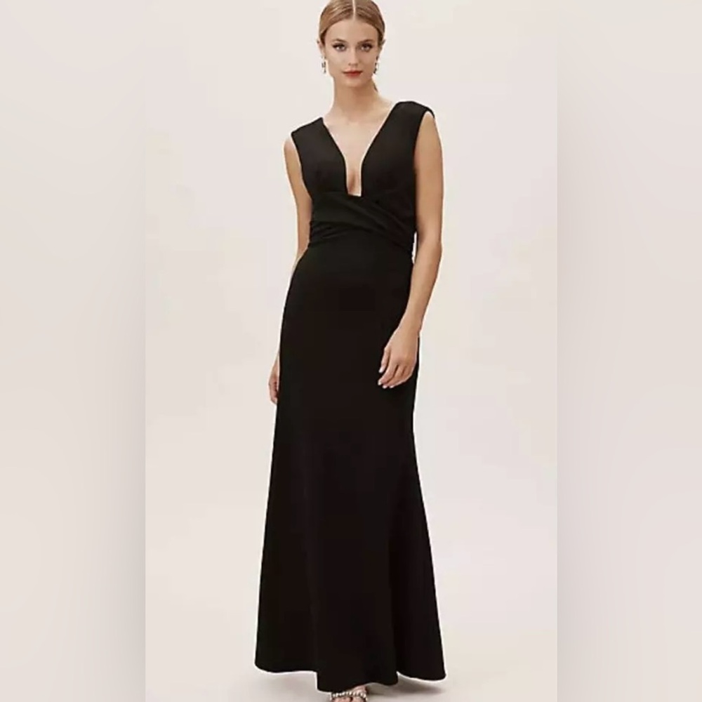 ANTHROPOLOGIE BHLDN Fira Maxi Black Plunging Neck Formal Dress Womens SZ 4 Small